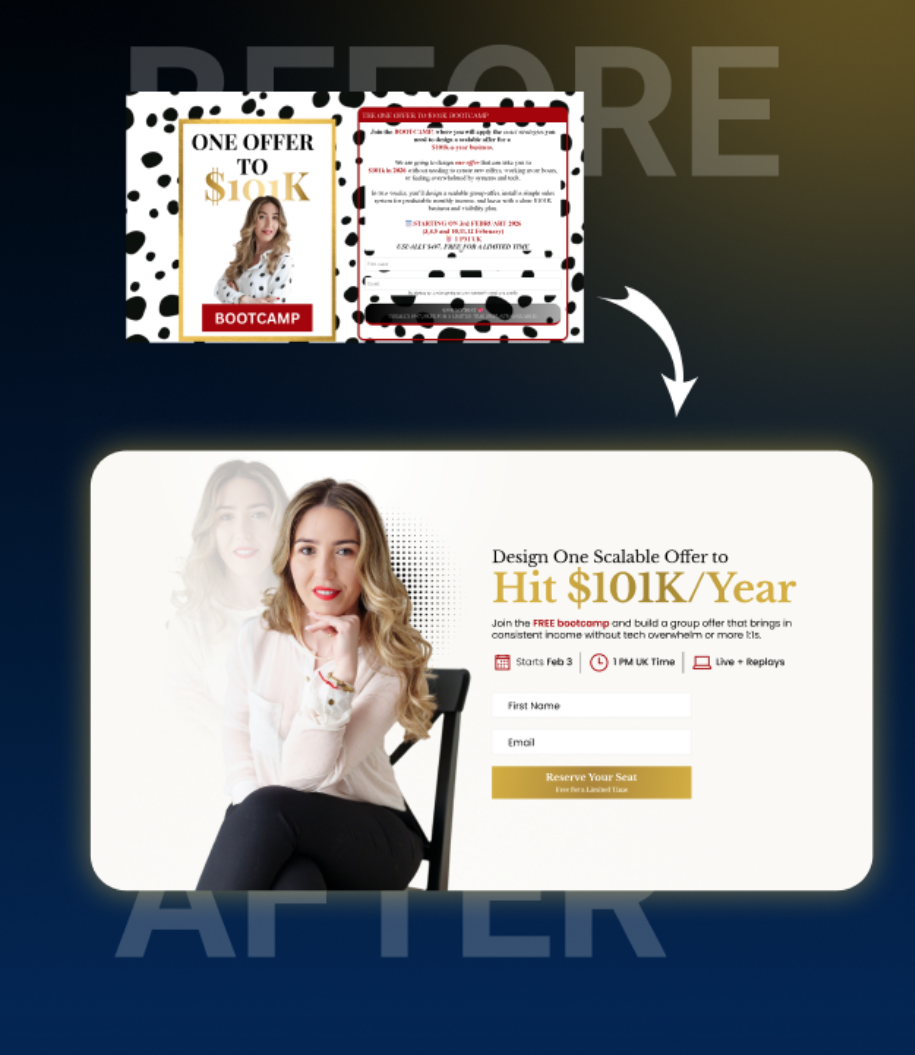 Before and after redesign — Course Launch Landing Page
